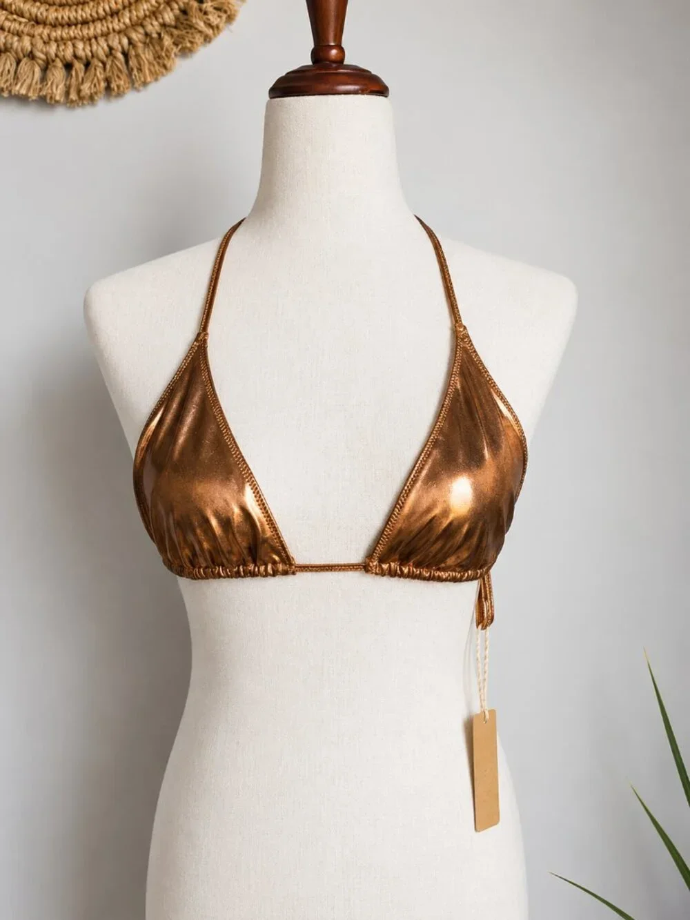 SKIMS NEW Metallic Bronze Swim Skimpy Triangle Bikini Top in Penny Gold SZ XL